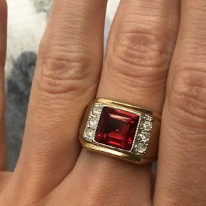 14kt GE Ring ruby color stone and CZ crystals